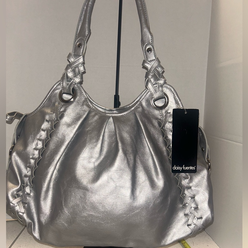Daisy Fuentes Shiny Silver Braided-Trim Shoulder Bag